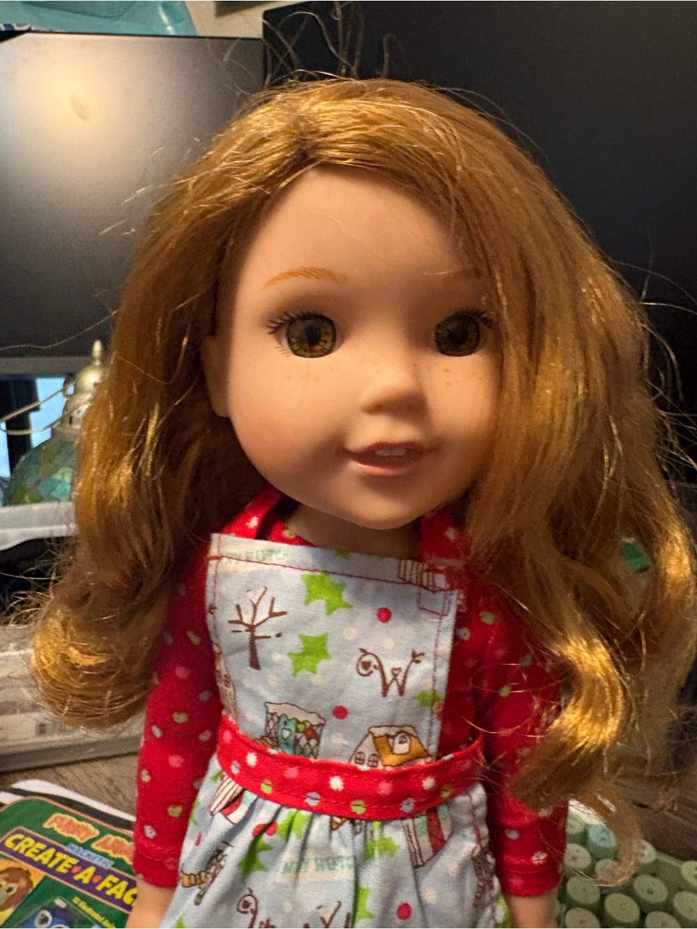 American Girl Wellie wisher doll with red green dress and lime shoes. - Picture 6 of 9